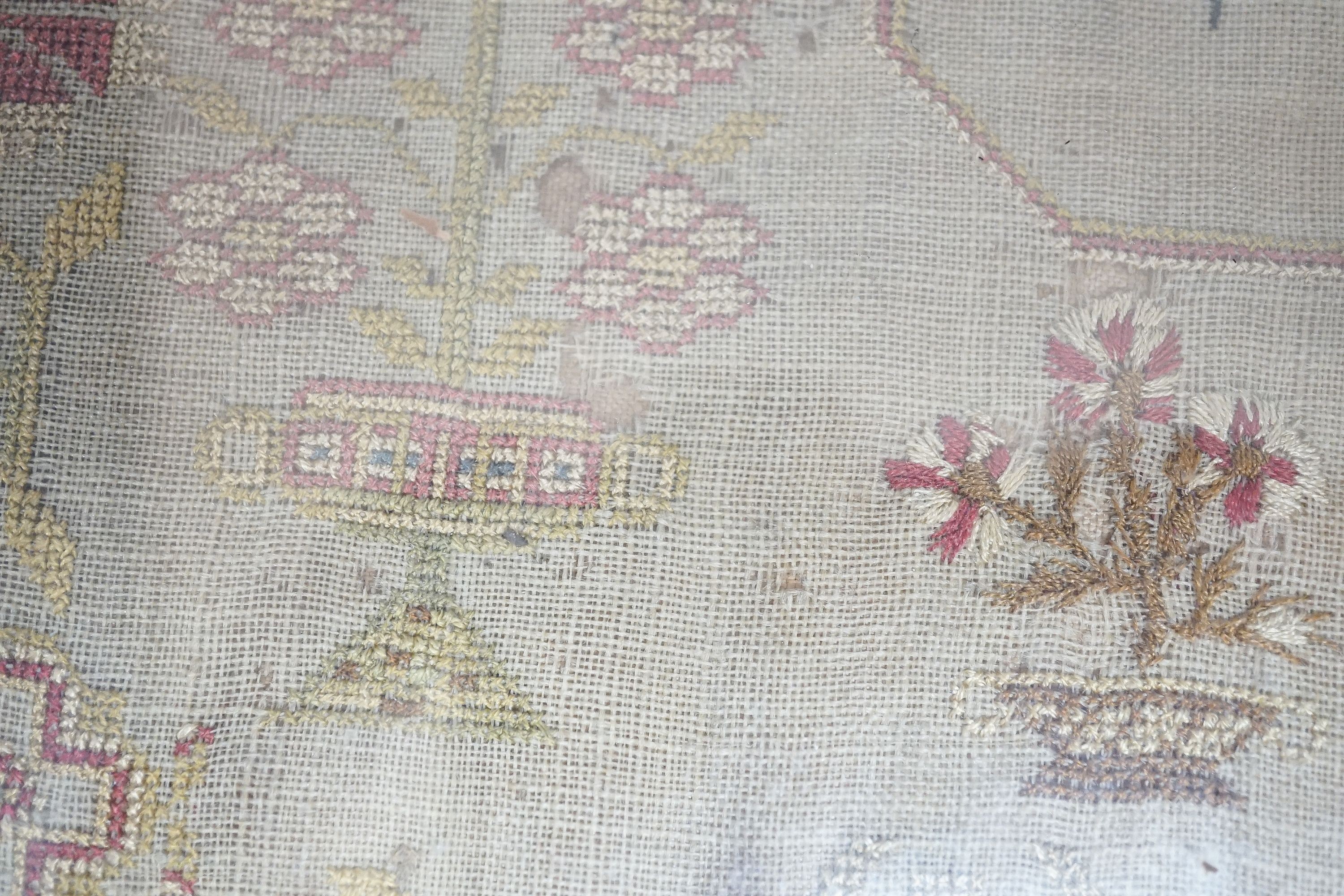 A George IV sampler dated August 12th 1828 titled ‘Virtue’ by Elizabeth Dane, framed 35x27cm